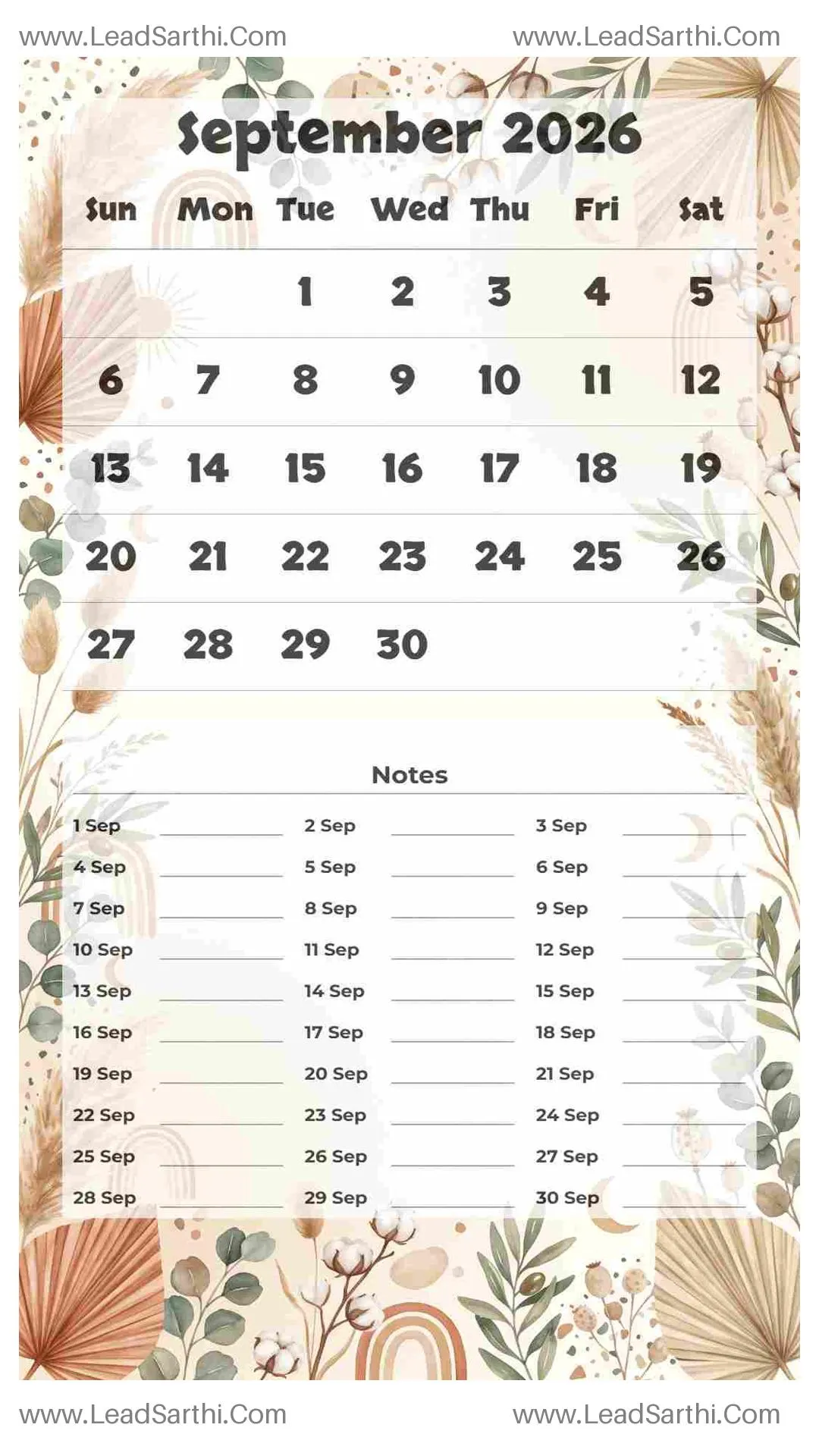Printable September 2026 Calendar Template 20 Botonical Theme 201 Thumbnail