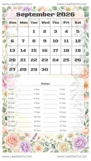 September 2026 Calendar Template 6 Floral Theme 30 Design Template