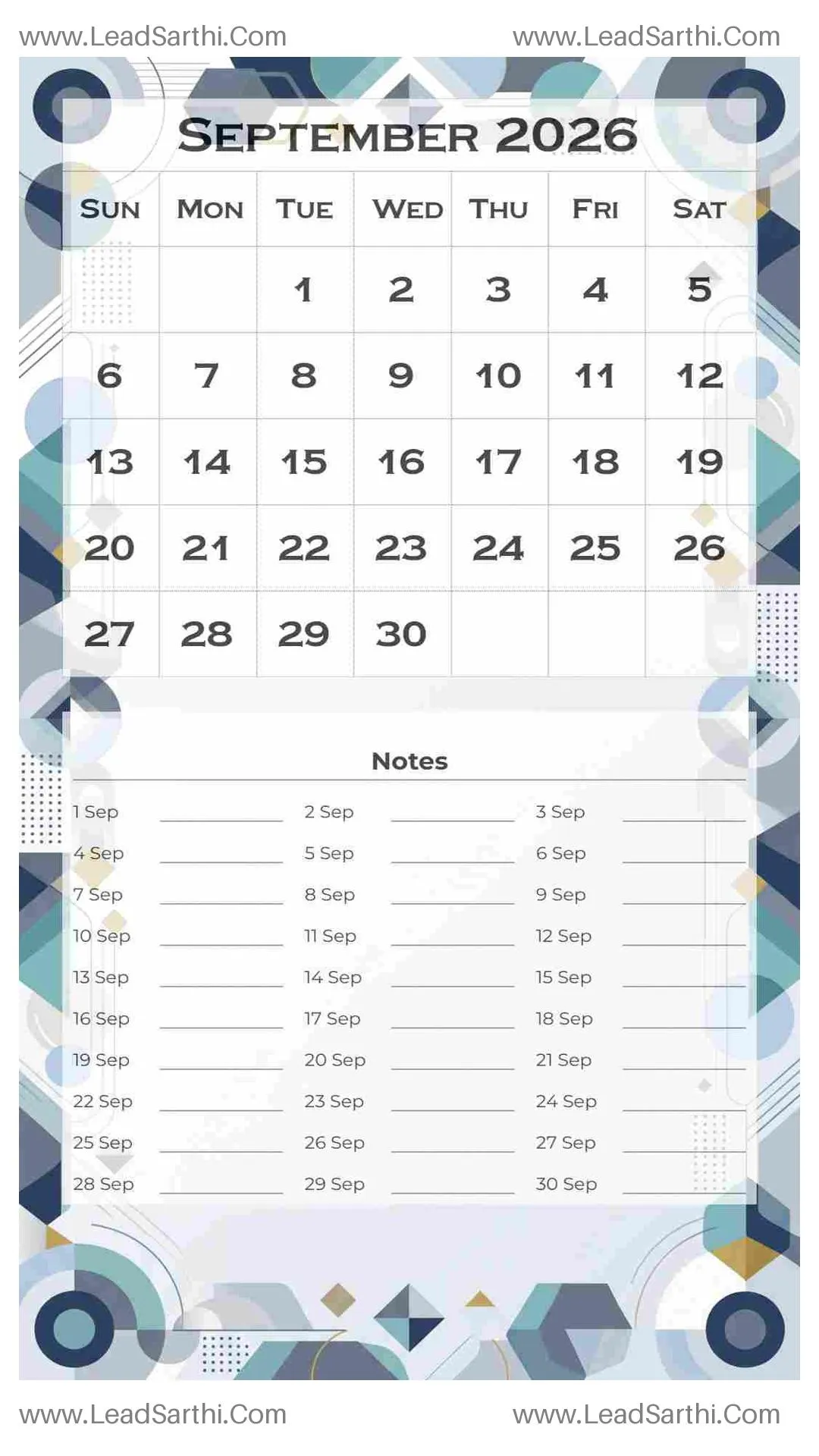 Printable September 2026 Calendar Template 14 Geometric Theme 253 Thumbnail