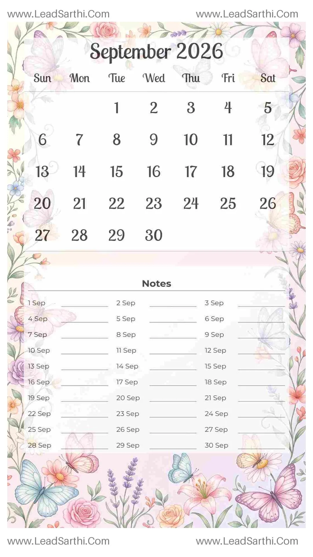 Printable September 2026 Calendar Template 11 Butterfly Theme 165 Thumbnail