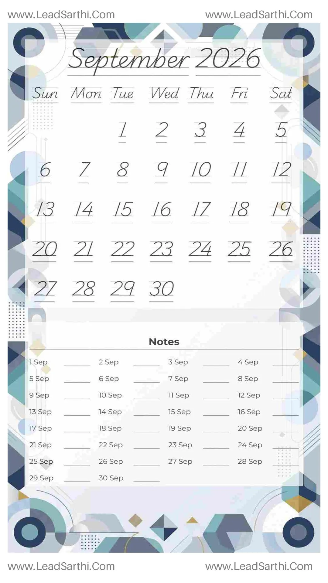Printable September 2026 Calendar Template 3 Geometric Theme 197 Thumbnail