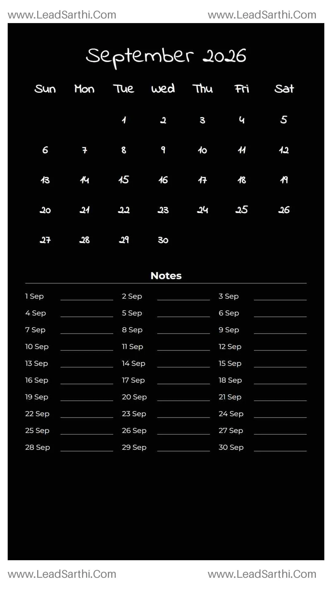 Printable September 2026 Calendar Template 23 Dark Theme 115 Thumbnail