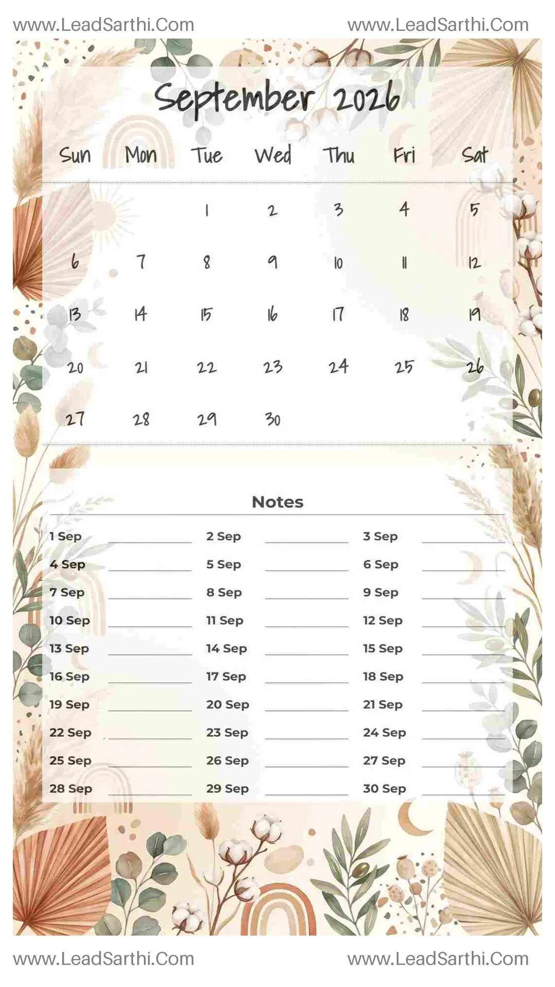 Printable September 2026 Calendar Template 21 Botonical Theme 283 Thumbnail