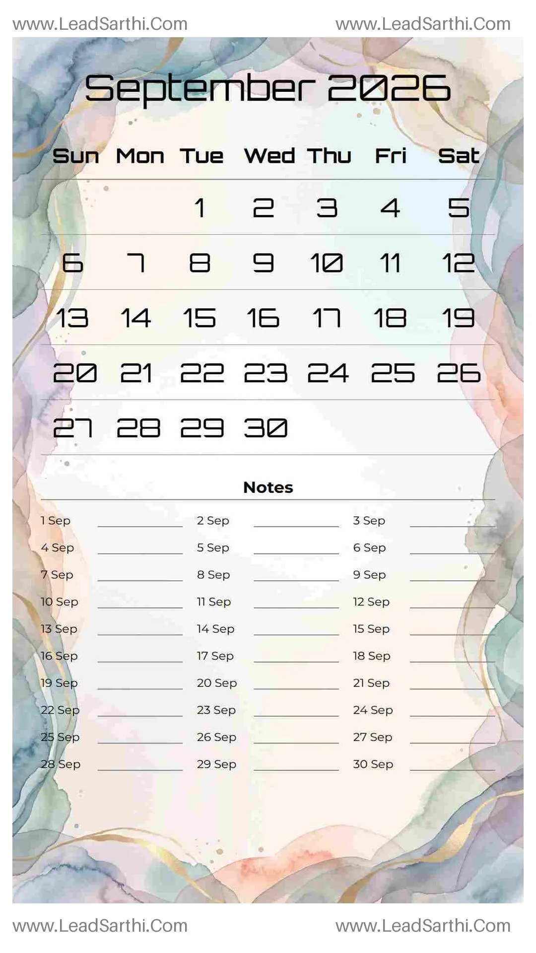 Printable September 2026 Calendar Template 15 Watercolor Theme 192 Thumbnail