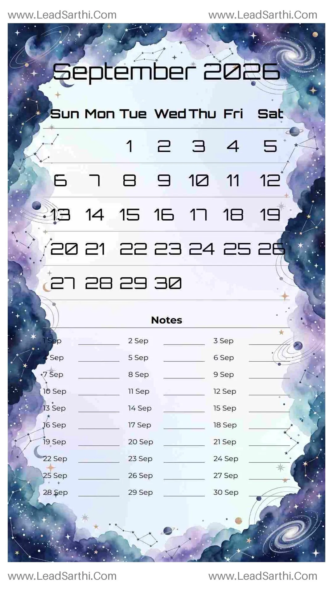 Printable September 2026 Calendar Template 15 Galaxy Theme 117 Thumbnail
