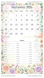 September 2026 Calendar Template 12 Floral Theme 220 Design Template