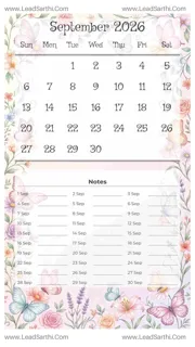 September 2026 Calendar Template 2 Butterfly Theme 212 Design Template