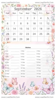 September 2026 Calendar Template 8 Butterfly Theme 222 Design Template