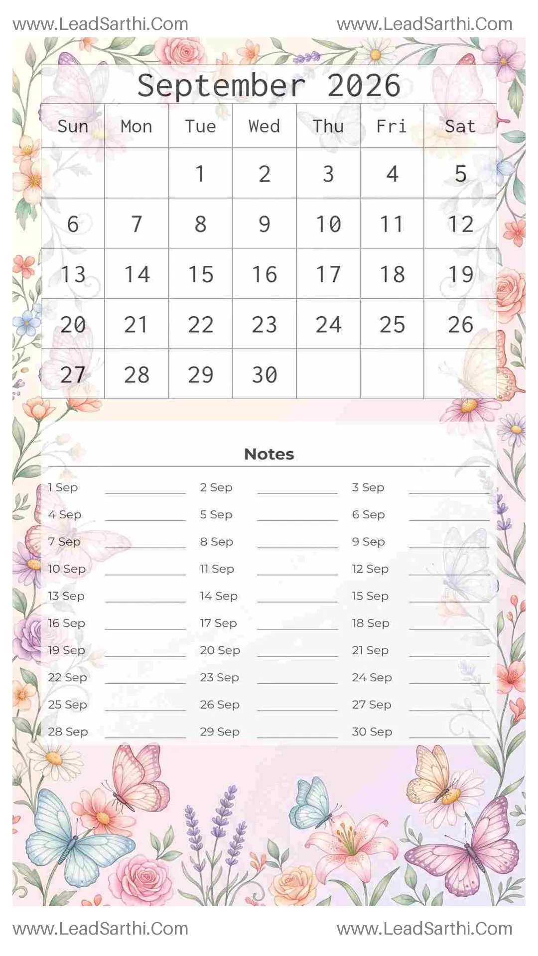 Printable September 2026 Calendar Template 8 Butterfly Theme 222 Thumbnail