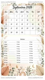 September 2026 Calendar Template 22 Botonical Theme 224 Design Template