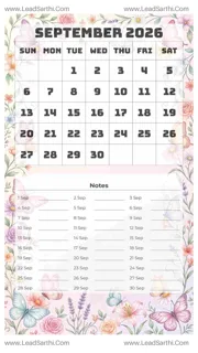 September 2026 Calendar Template 17 Butterfly Theme 268 Design Template