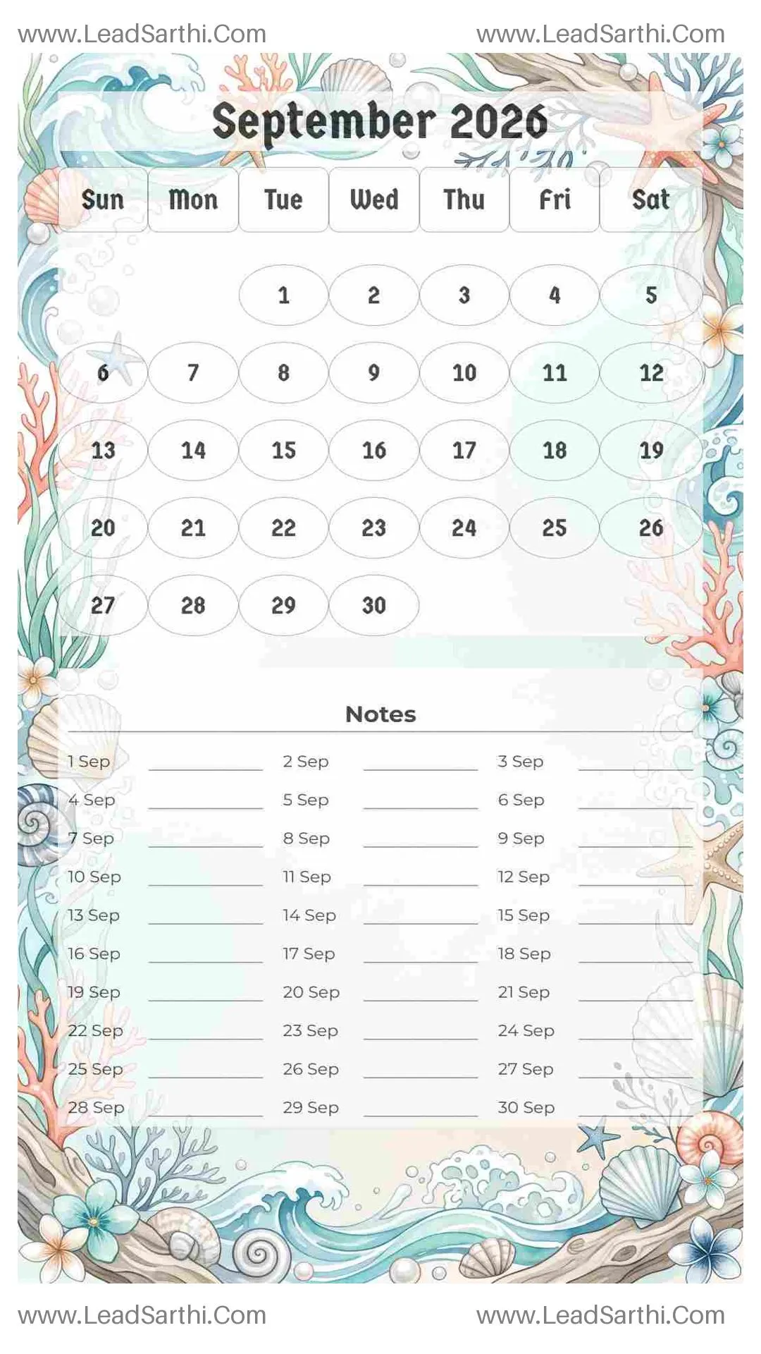 Printable September 2026 Calendar Template 9 Ocean Theme 127 Thumbnail