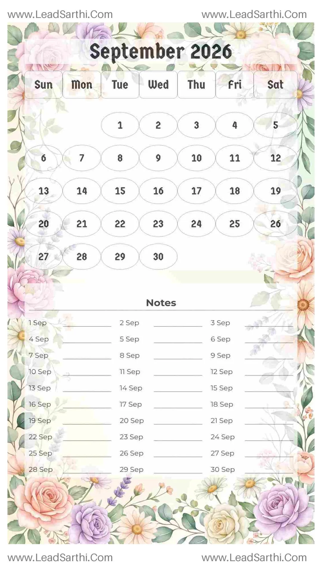 Printable September 2026 Calendar Template 9 Floral Theme 70 Thumbnail