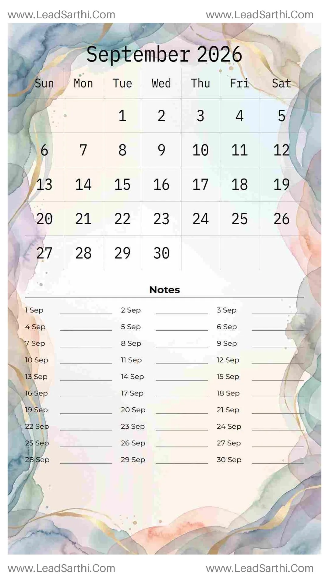 Printable September 2026 Calendar Template 12 Watercolor Theme 154 Thumbnail