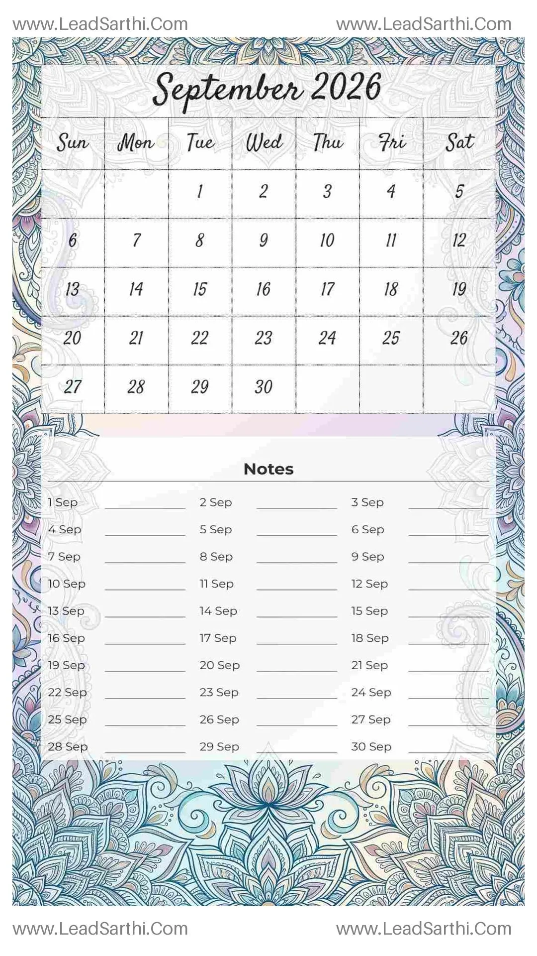 Printable September 2026 Calendar Template 22 Mandala Theme 113 Thumbnail