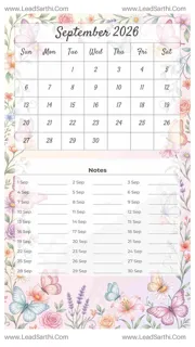 September 2026 Calendar Template 22 Butterfly Theme 114 Design Template