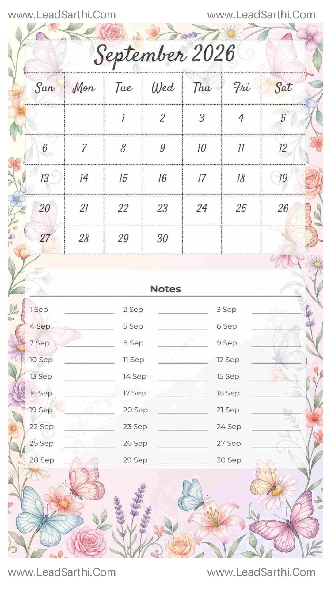 Printable September 2026 Calendar Template 22 Butterfly Theme 114 Thumbnail