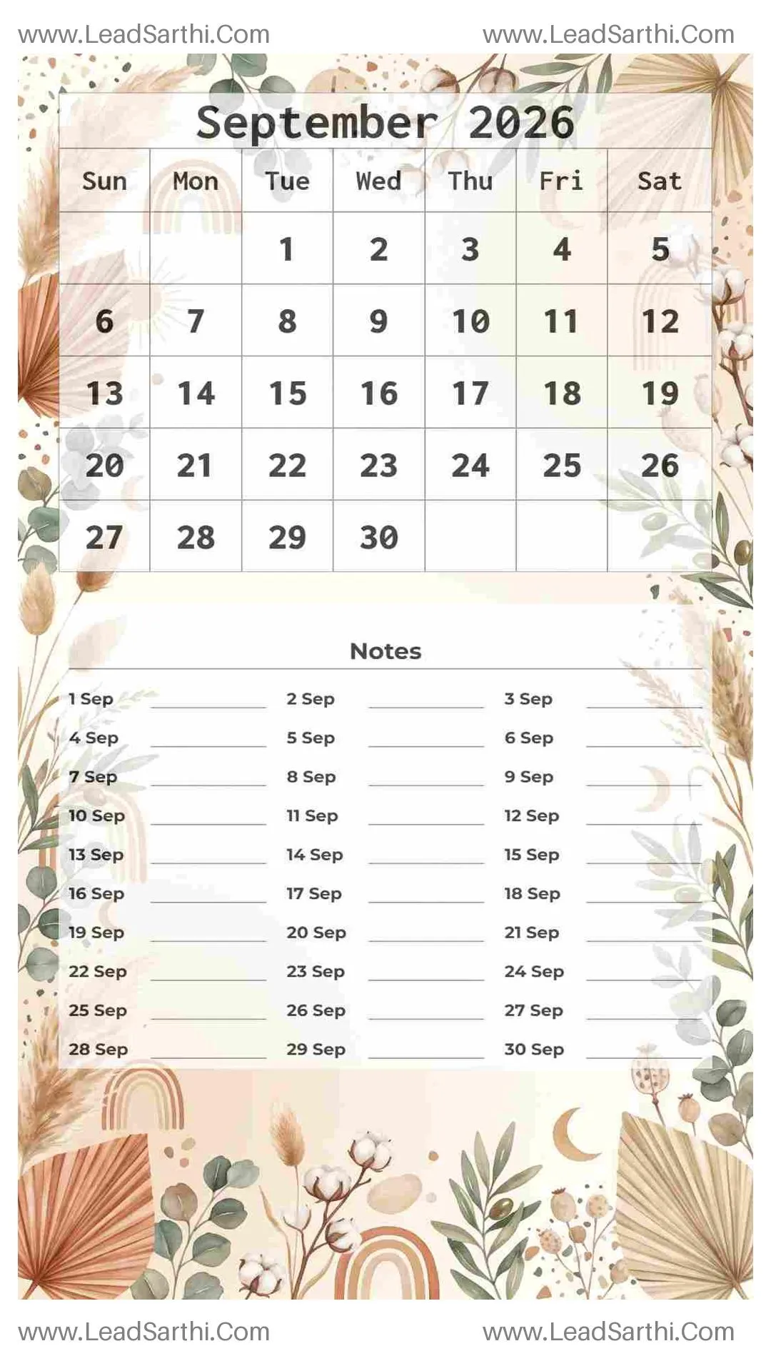 Printable September 2026 Calendar Template 8 Botonical Theme 191 Thumbnail