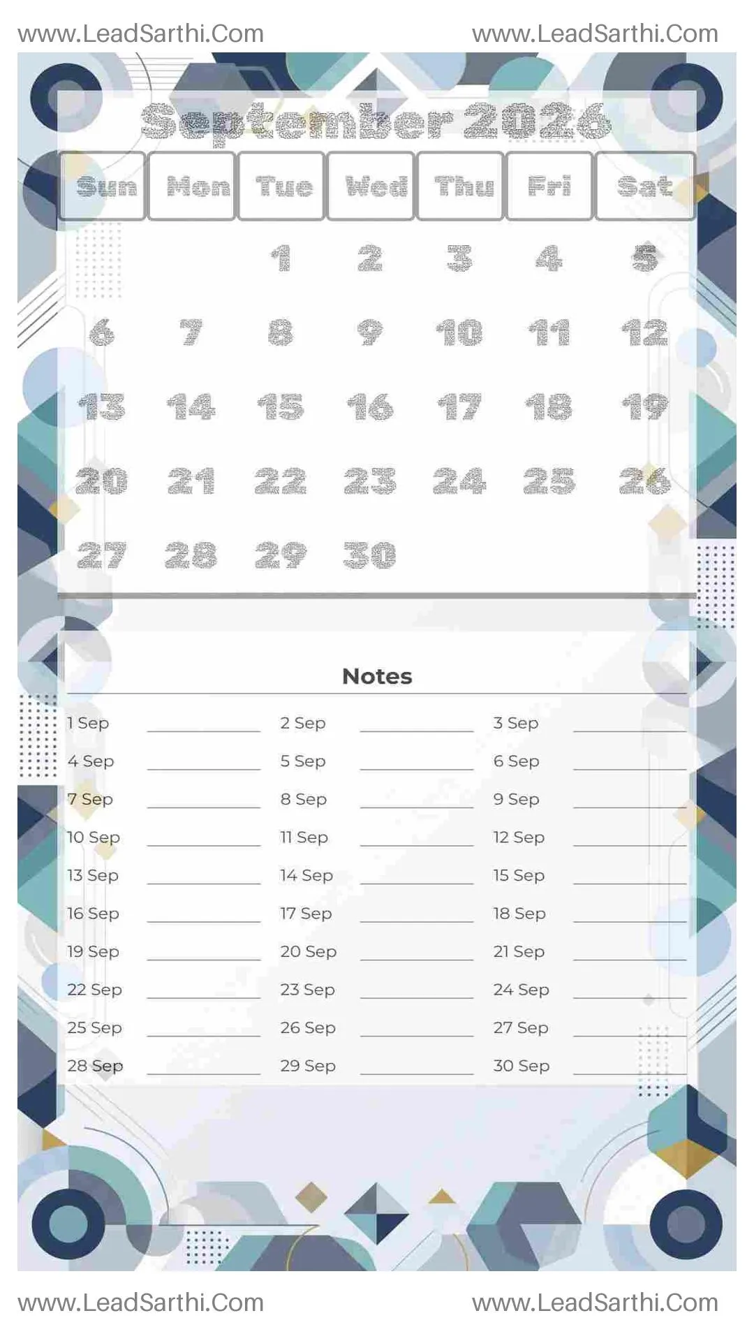 Printable September 2026 Calendar Template 5 Geometric Theme 176 Thumbnail