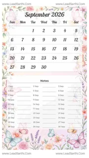 September 2026 Calendar Template 19 Butterfly Theme 14 Design Template