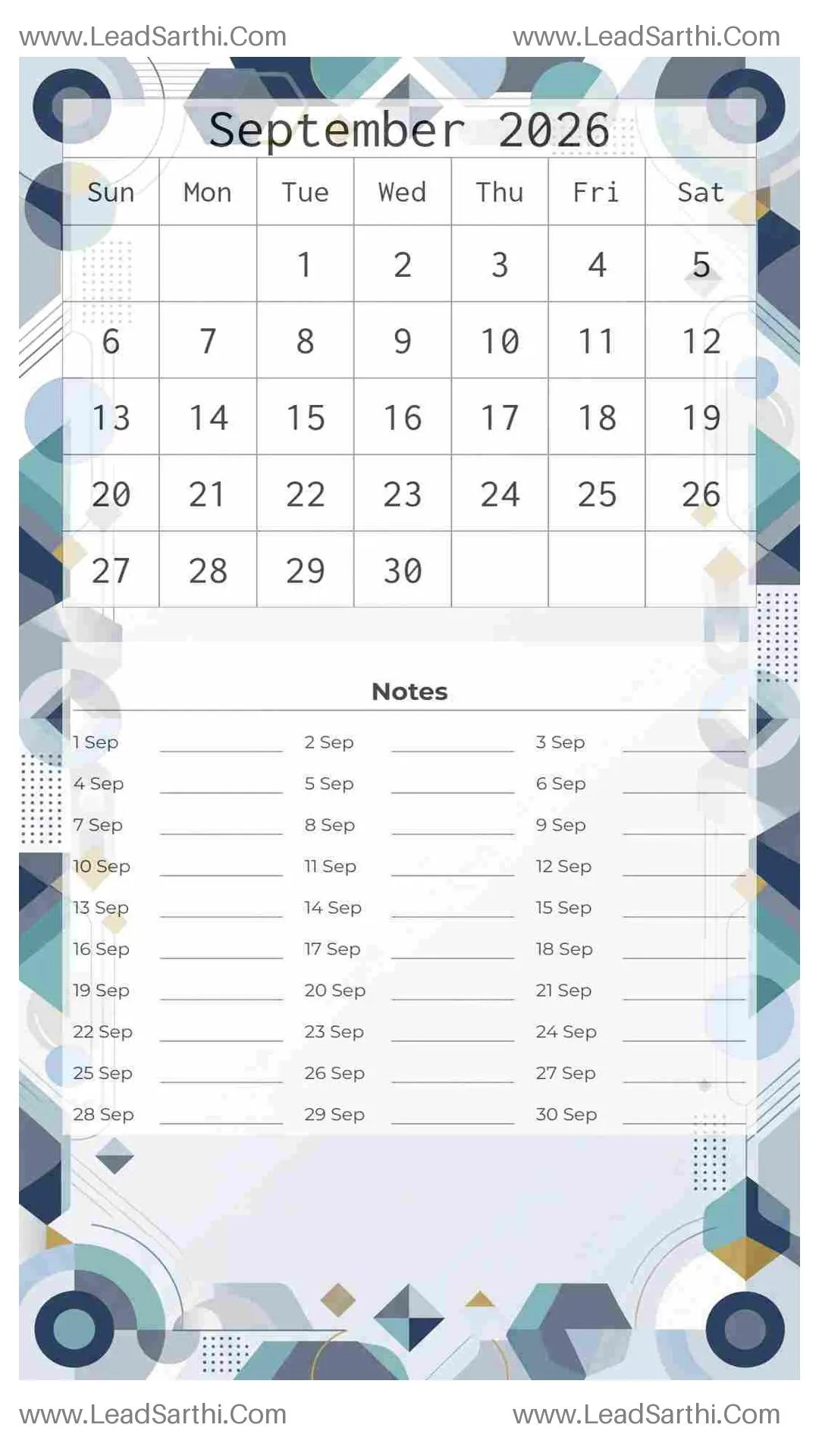Printable September 2026 Calendar Template 8 Geometric Theme 67 Thumbnail