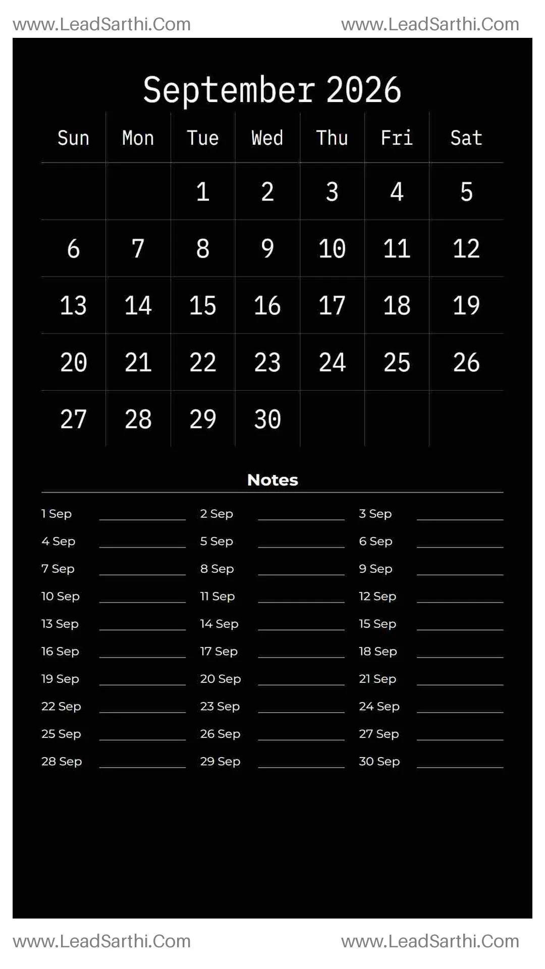 Printable September 2026 Calendar Template 12 Dark Theme 179 Thumbnail