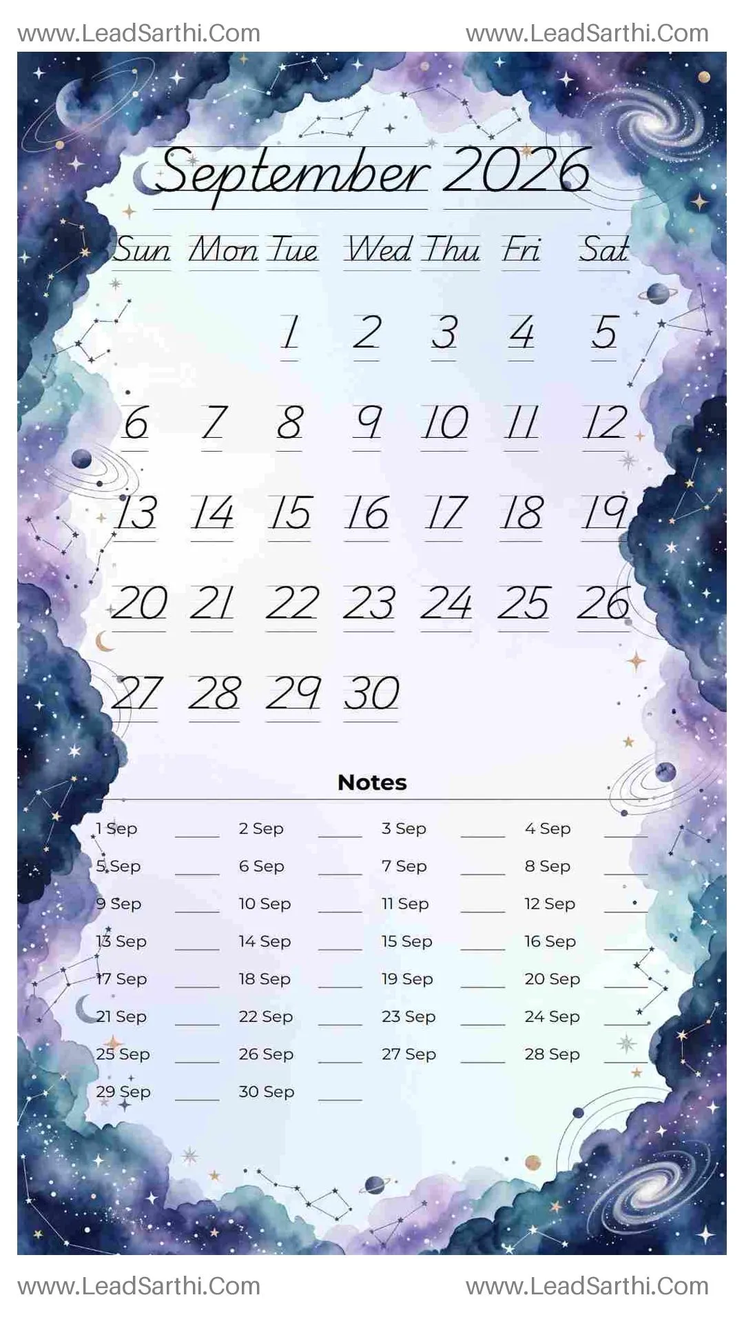 Printable September 2026 Calendar Template 3 Galaxy Theme 125 Thumbnail