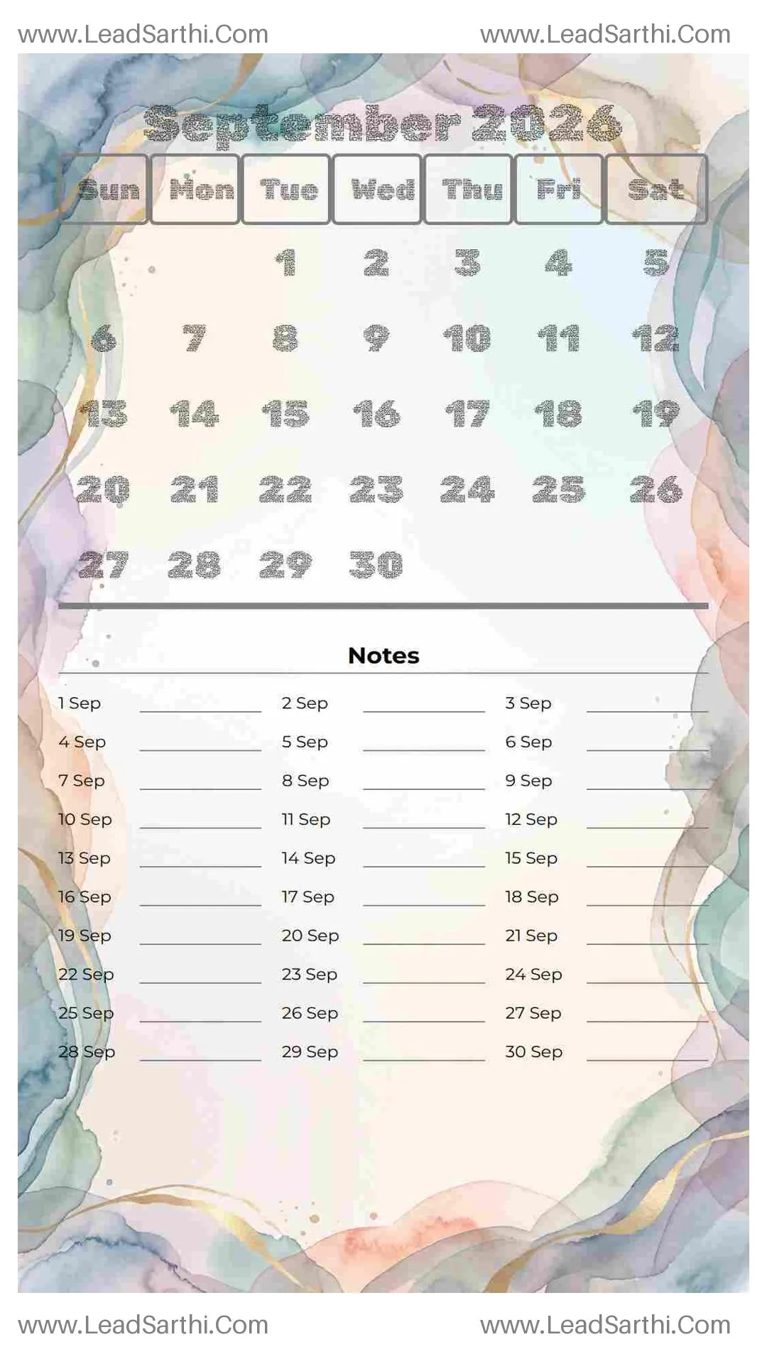 Printable September 2026 Calendar Template 5 Watercolor Theme 287 Thumbnail