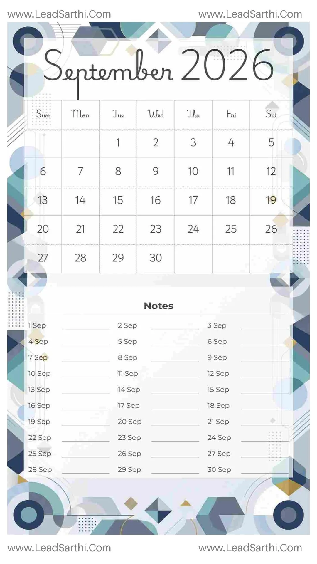 Printable September 2026 Calendar Template 18 Geometric Theme 71 Thumbnail