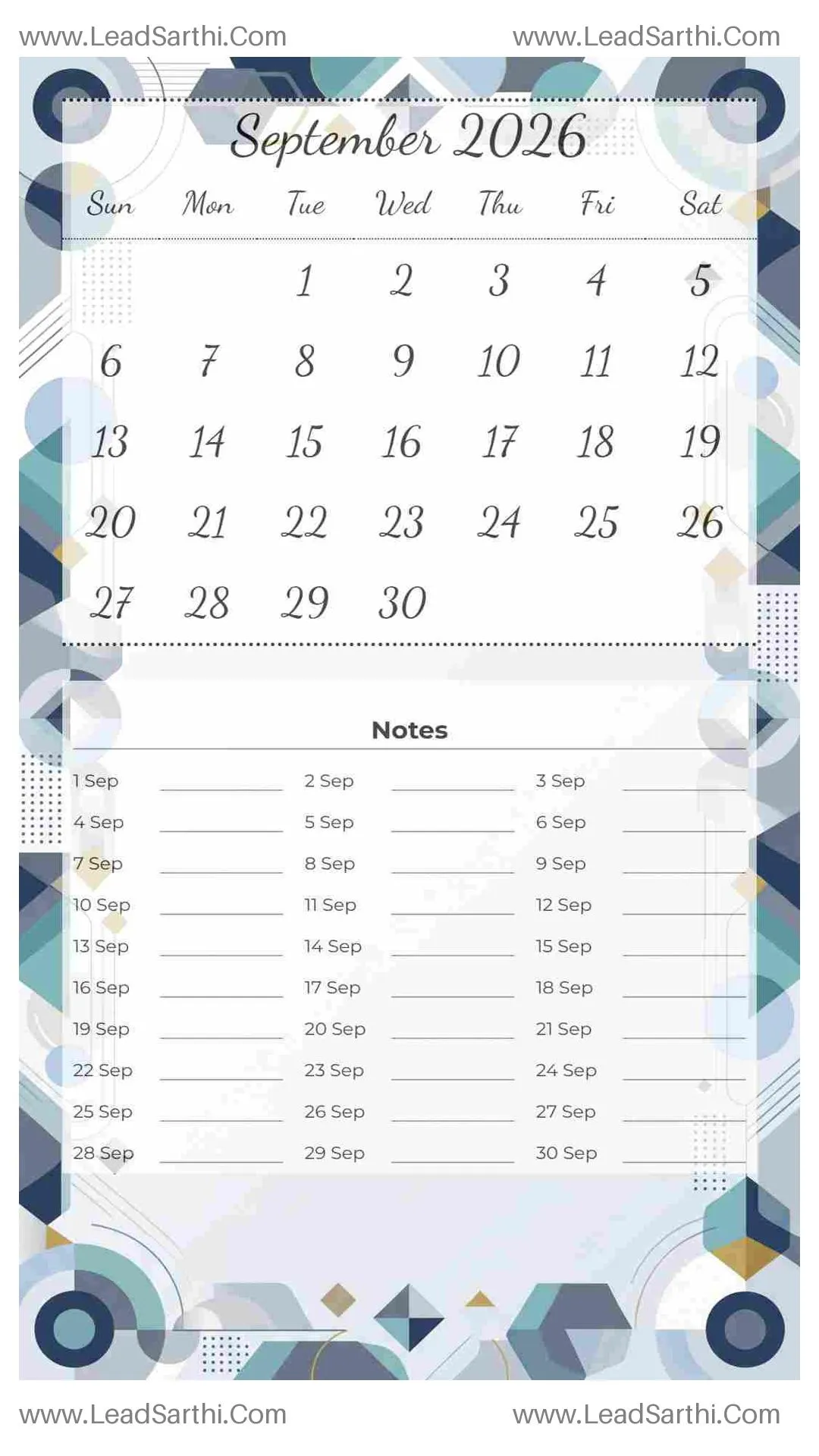 Printable September 2026 Calendar Template 10 Geometric Theme 112 Thumbnail
