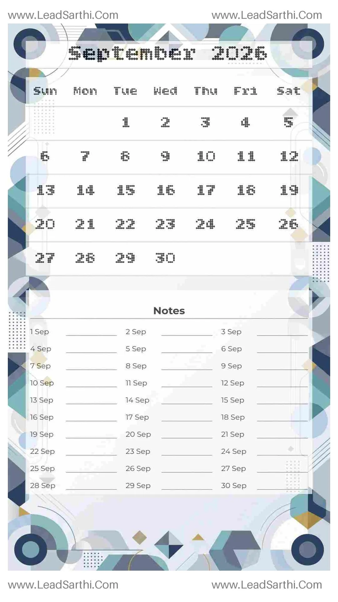 Printable September 2026 Calendar Template 7 Geometric Theme 153 Thumbnail