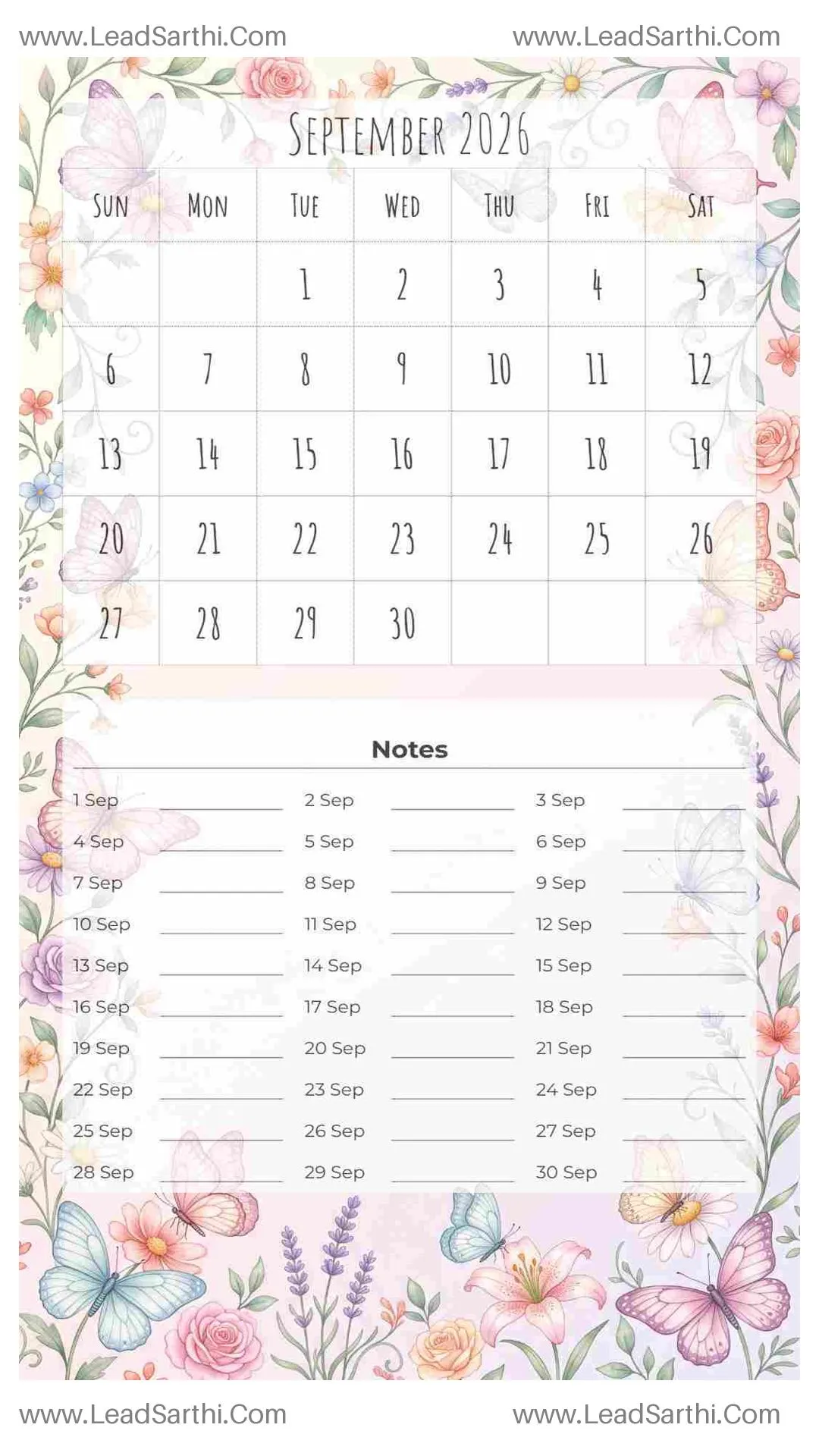 Printable September 2026 Calendar Template 25 Butterfly Theme 185 Thumbnail