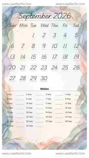 September 2026 Calendar Template 3 Watercolor Theme 54 Design Template