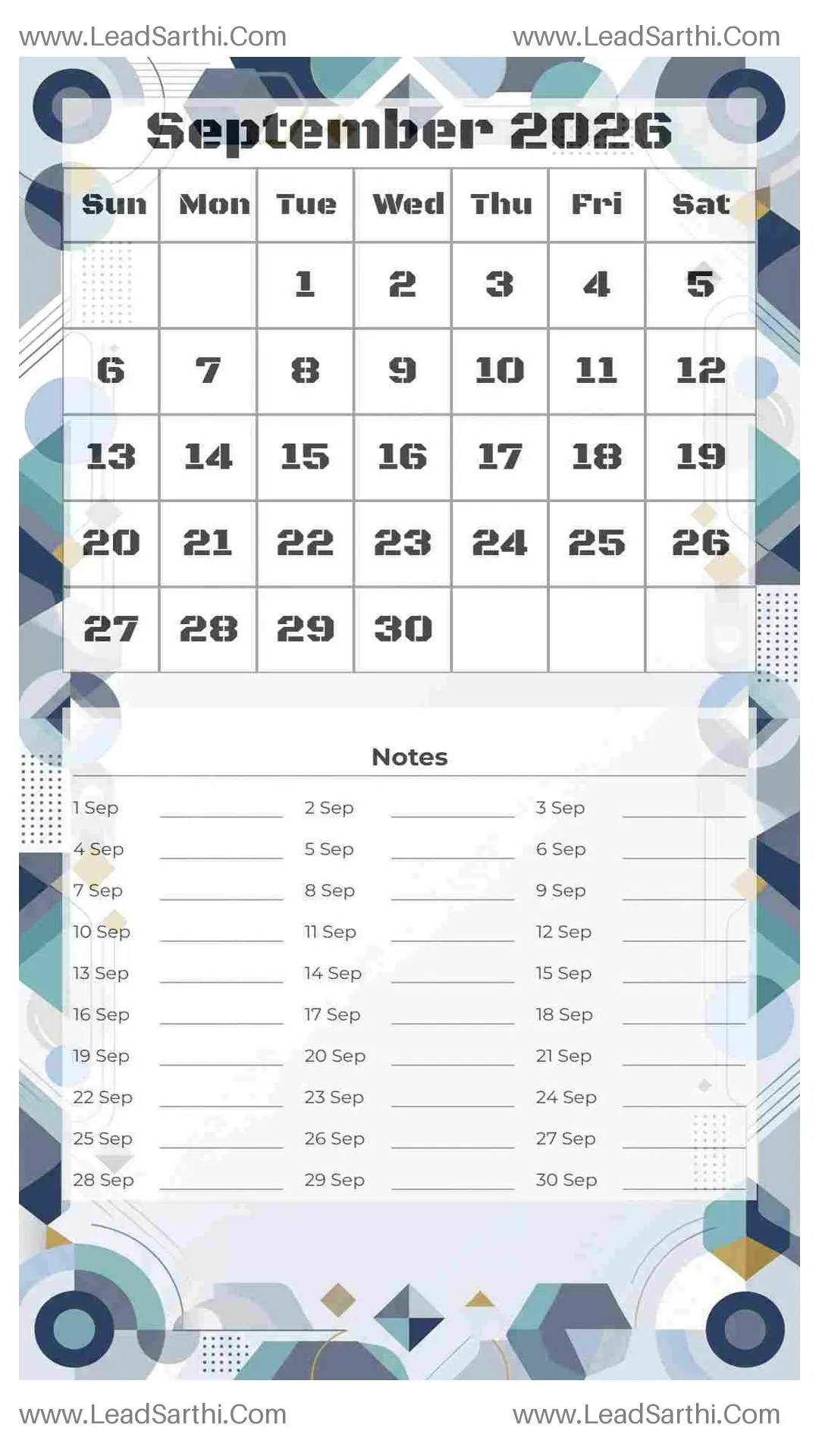 Printable September 2026 Calendar Template 6 Geometric Theme 186 Thumbnail