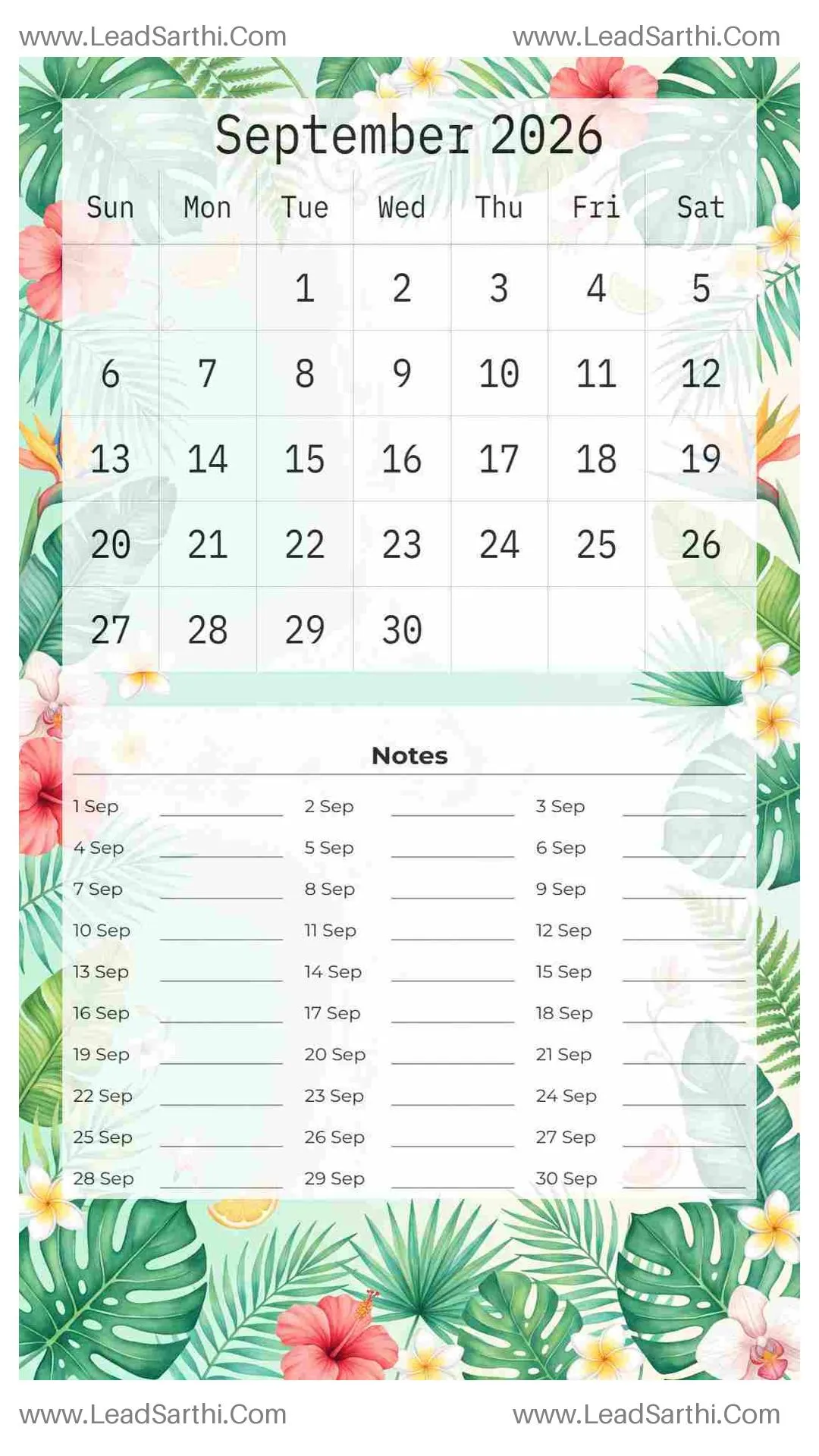 Printable September 2026 Calendar Template 12 Summer Theme 167 Thumbnail