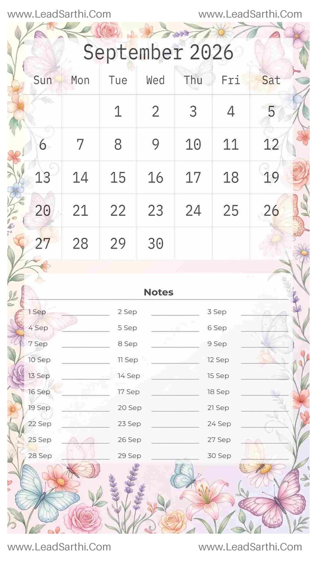 Printable September 2026 Calendar Template 12 Butterfly Theme 69 Thumbnail