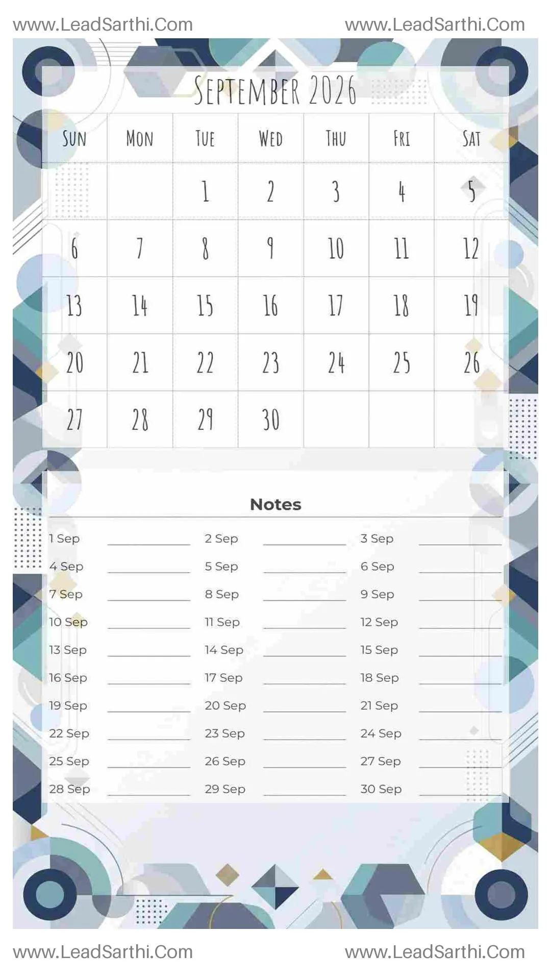 Printable September 2026 Calendar Template 25 Geometric Theme 59 Thumbnail