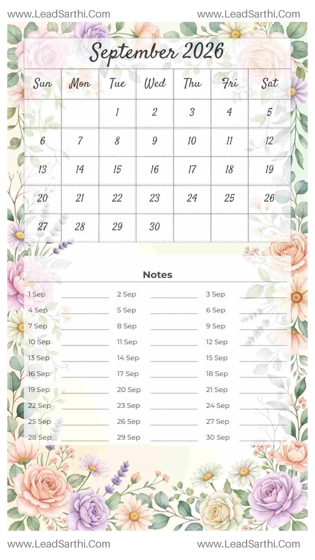 Printable September 2026 Calendar Template 22 Floral Theme 259 Thumbnail