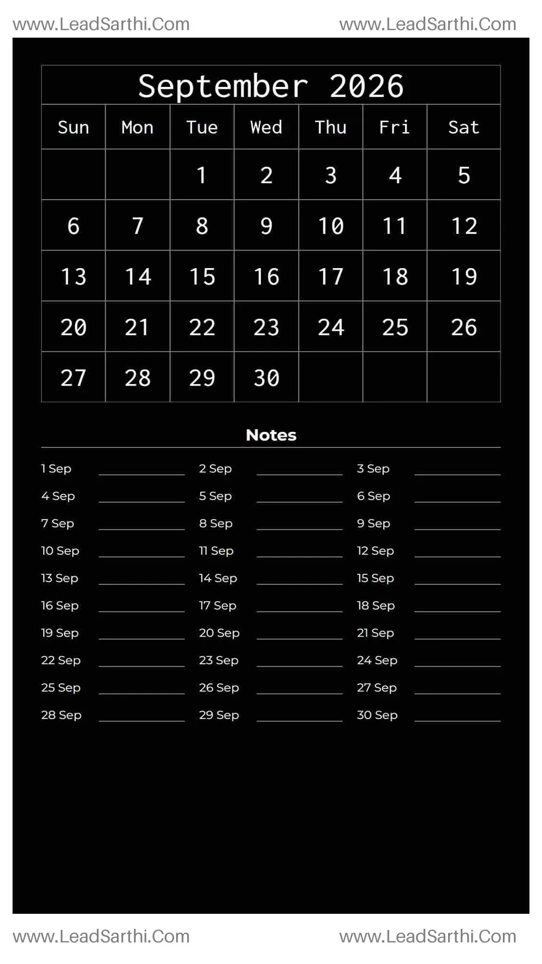 Printable September 2026 Calendar Template 8 Dark Theme 174 Thumbnail