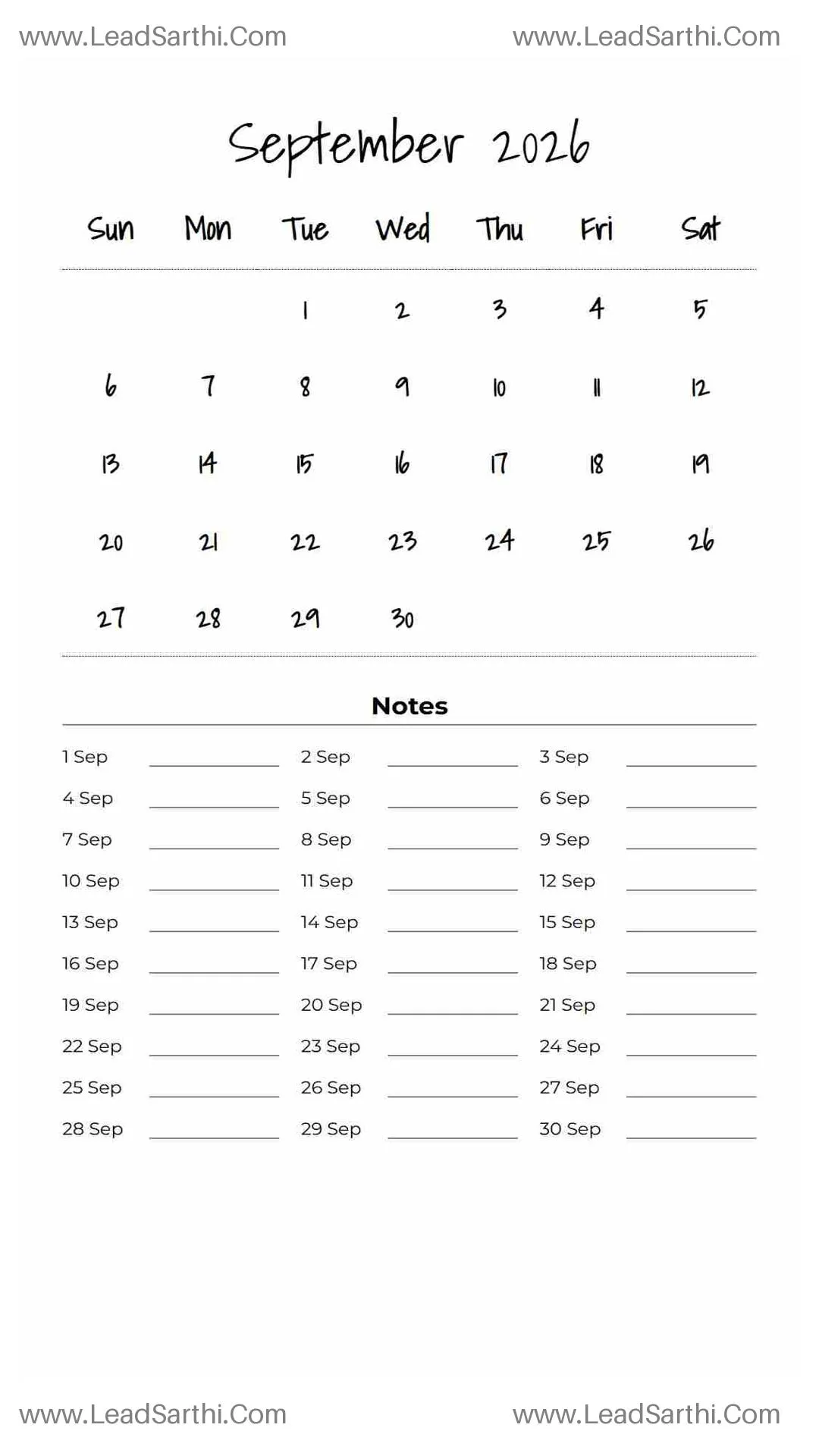 Printable September 2026 Calendar Template 21 White BG 158 Thumbnail