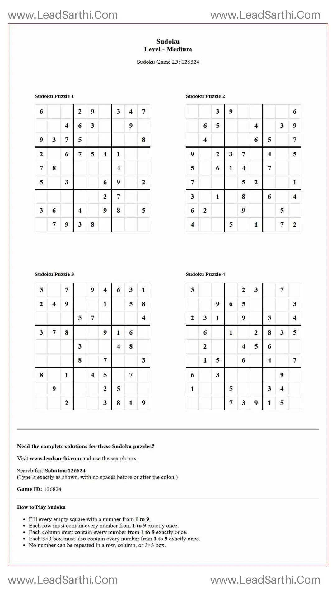 Sudoku Puzzles 4 per Page Medium Level pdf [Game ID: 126824] Thumbnail