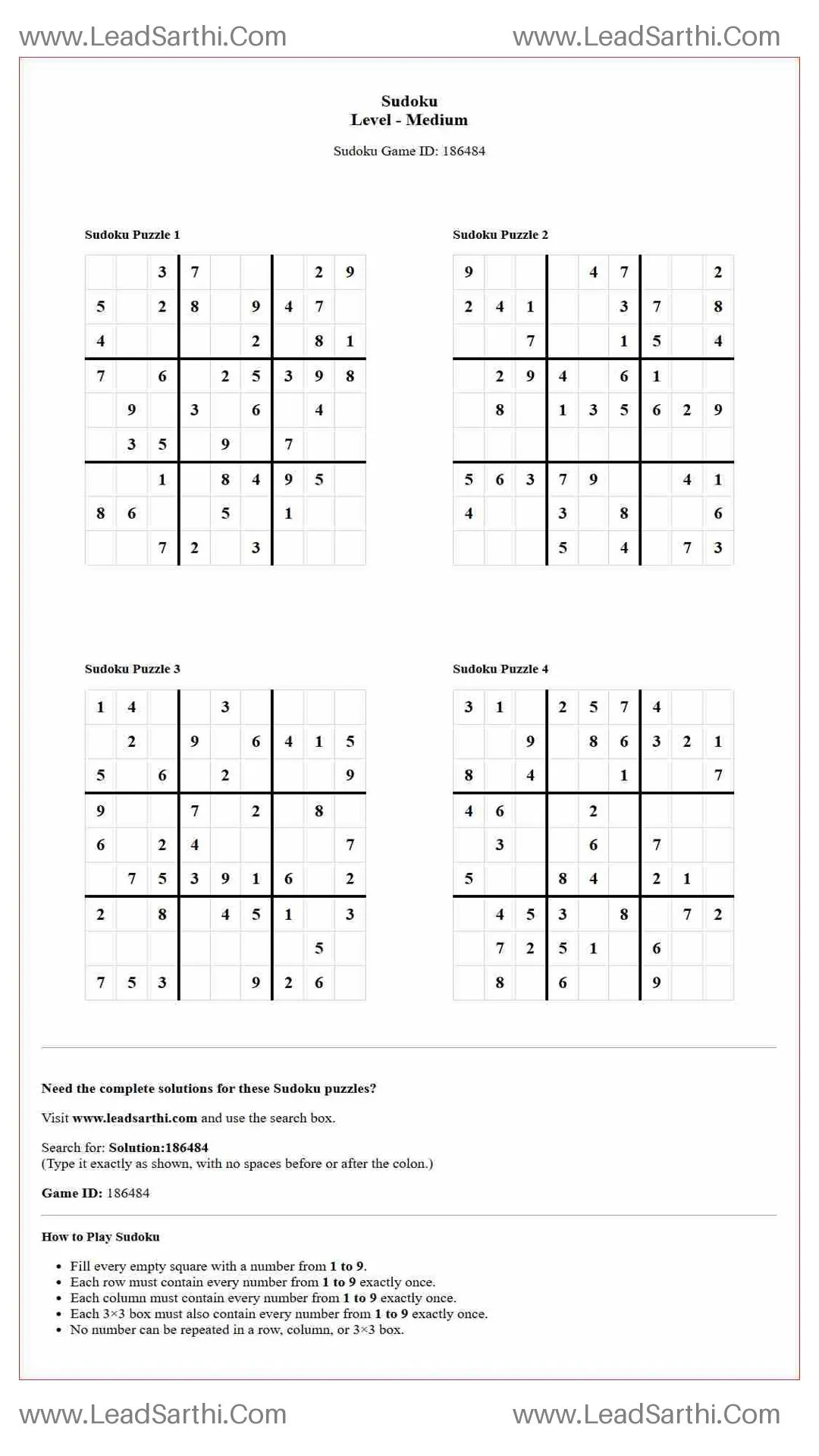 Sudoku Puzzles 4 per Page Medium Level pdf [Game ID: 186484] Thumbnail
