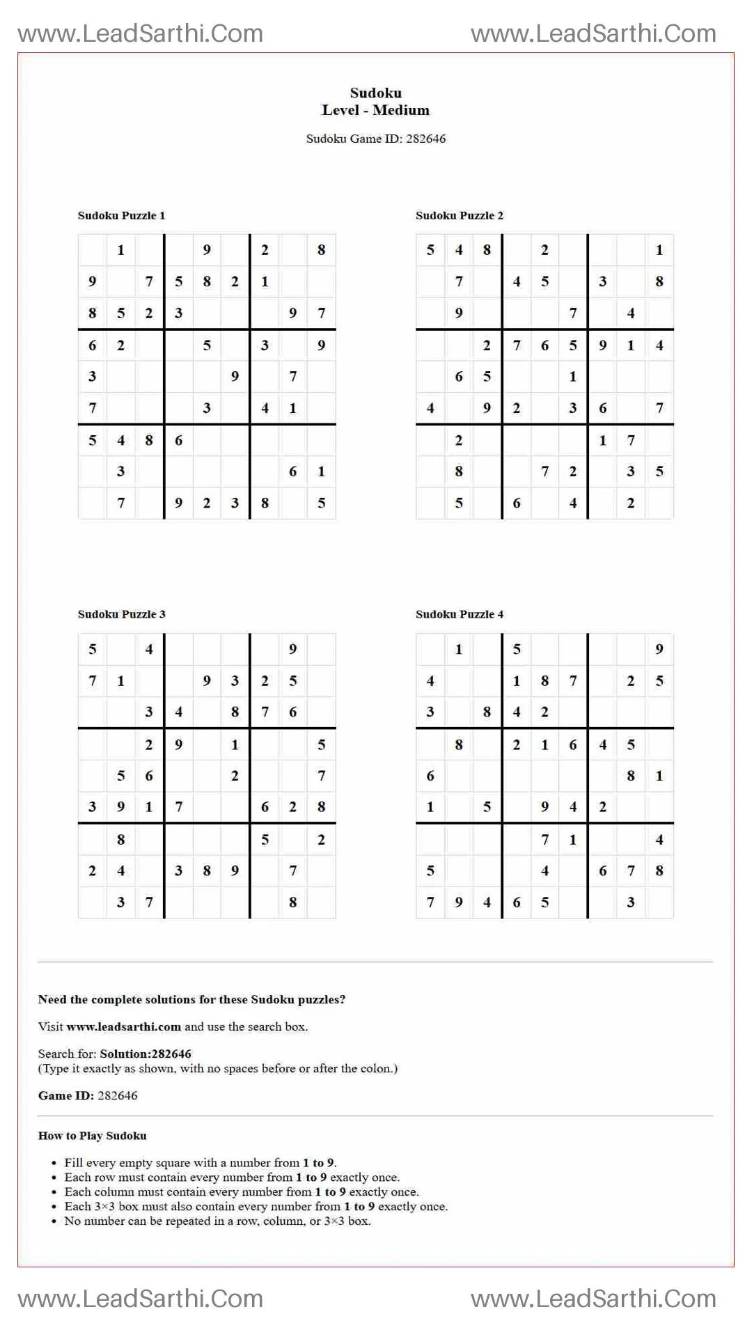 Sudoku Puzzles 4 per Page Medium Level pdf [Game ID: 282646] Thumbnail