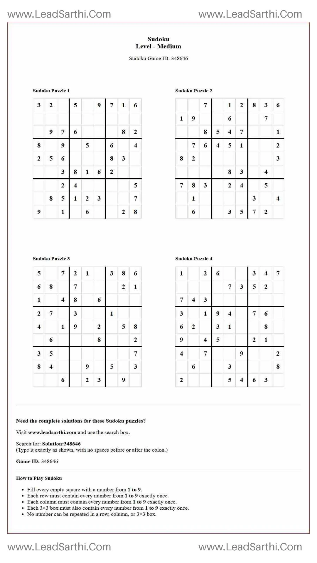Sudoku Puzzles 4 per Page Medium Level pdf [Game ID: 348646] Thumbnail