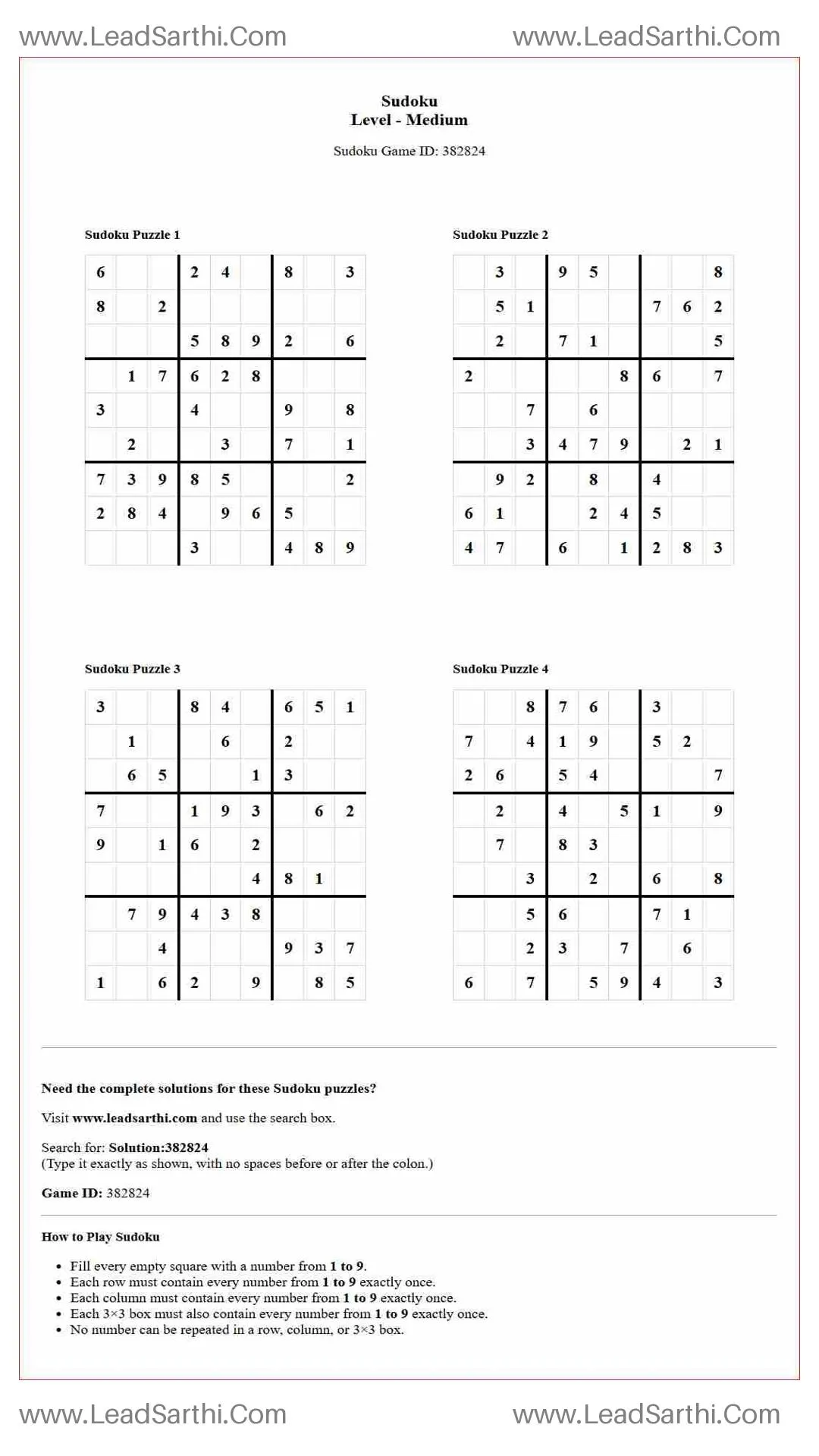 Sudoku Puzzles 4 per Page Medium Level pdf [Game ID: 382824] Thumbnail