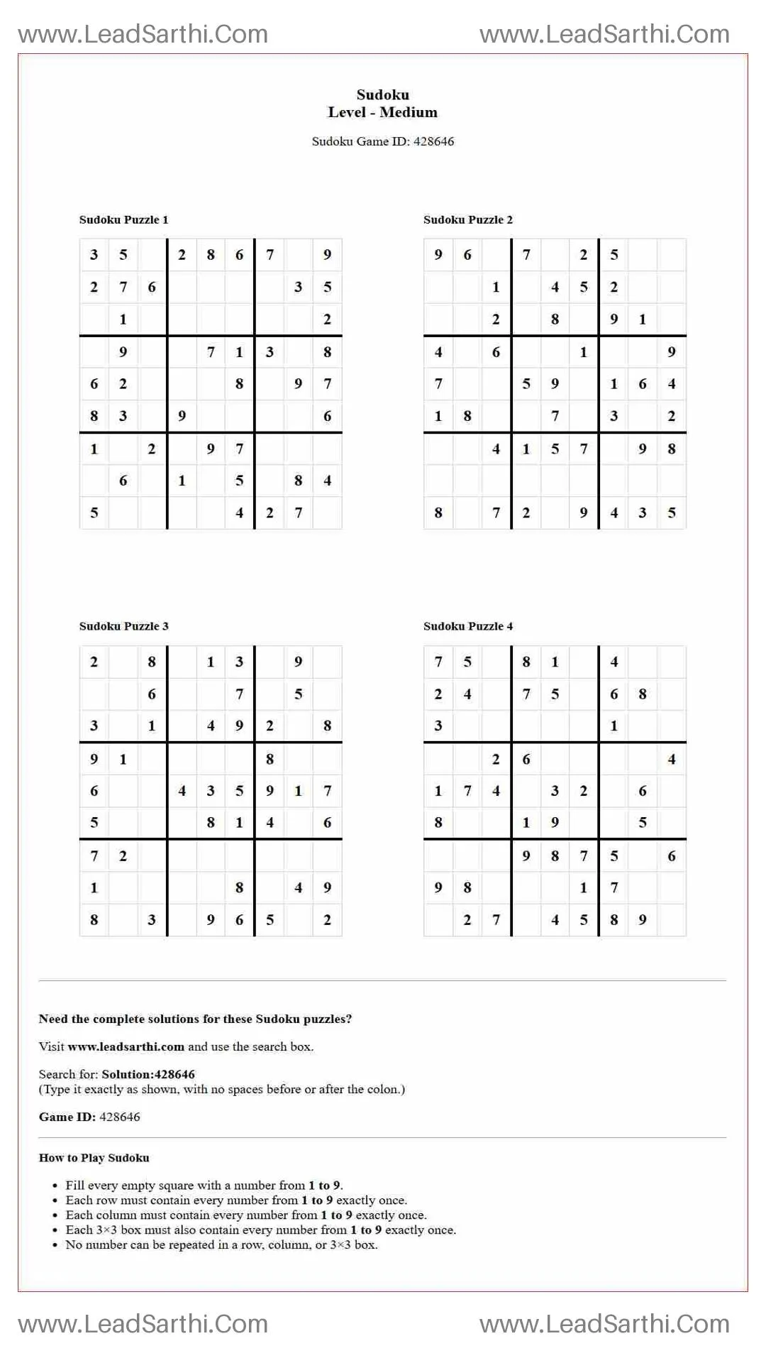 Sudoku Puzzles 4 per Page Medium Level pdf [Game ID: 428646] Thumbnail