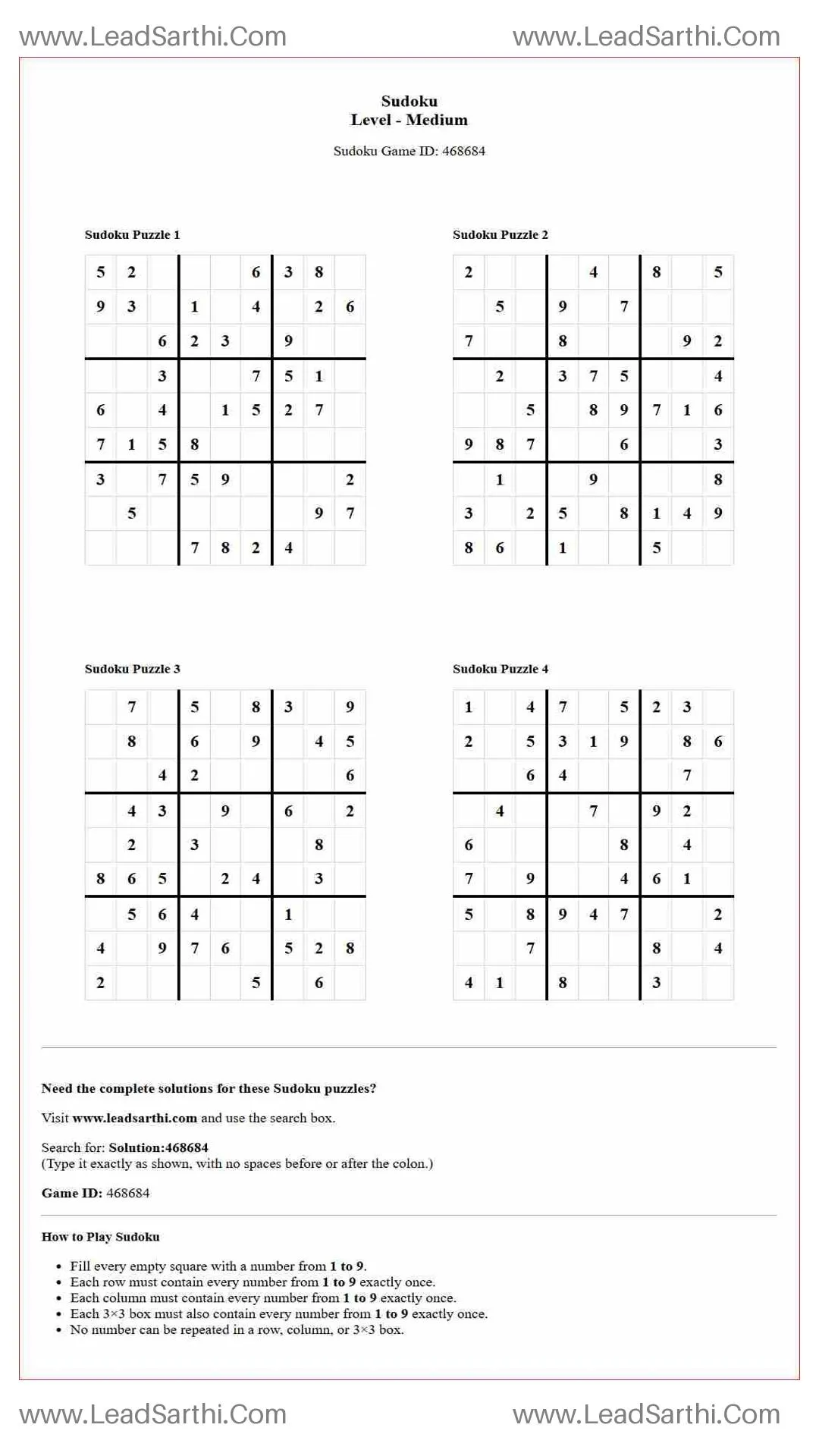 Sudoku Puzzles 4 per Page Medium Level pdf [Game ID: 468684] Thumbnail