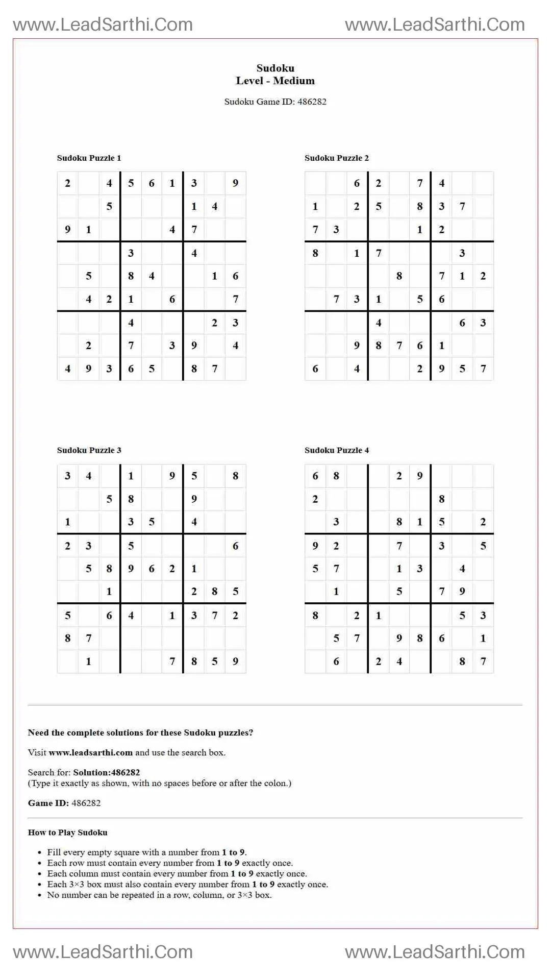Sudoku Puzzles 4 per Page Medium Level pdf [Game ID: 486282] Thumbnail