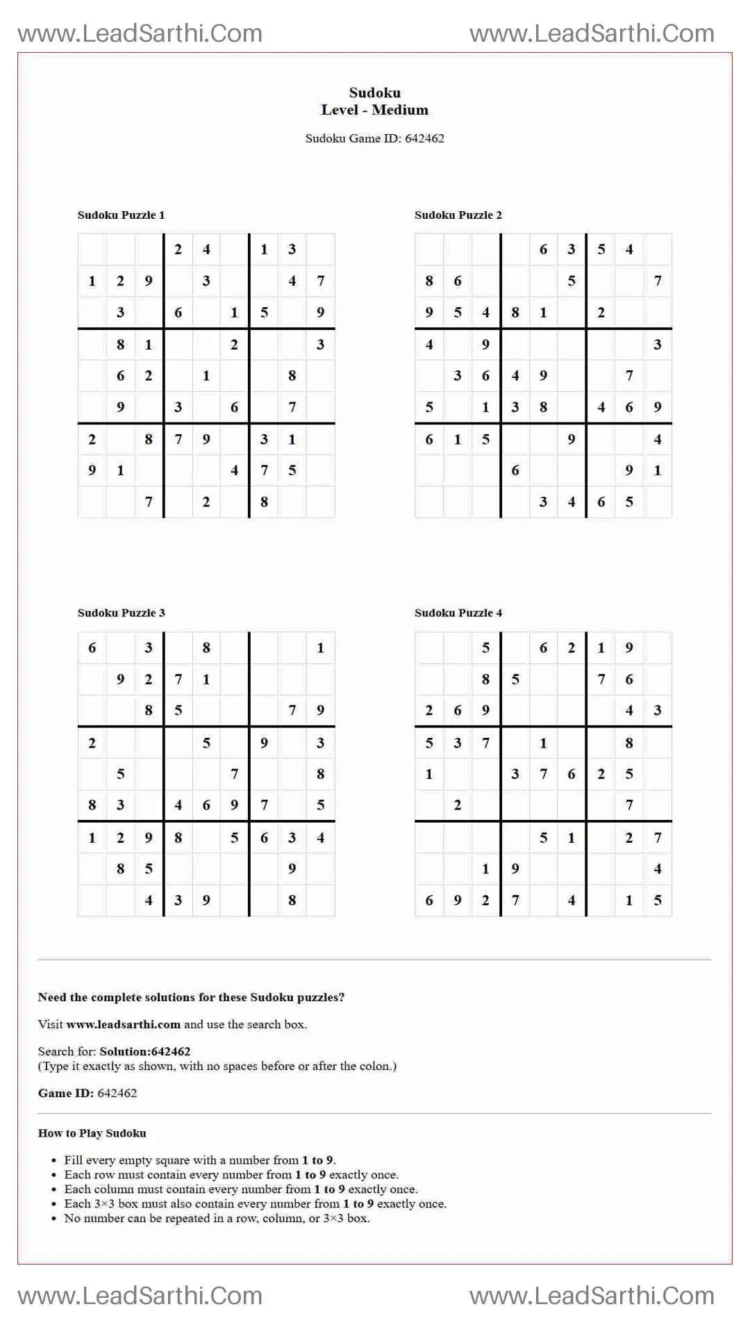 Sudoku Puzzles 4 per Page Medium Level pdf [Game ID: 642462] Thumbnail