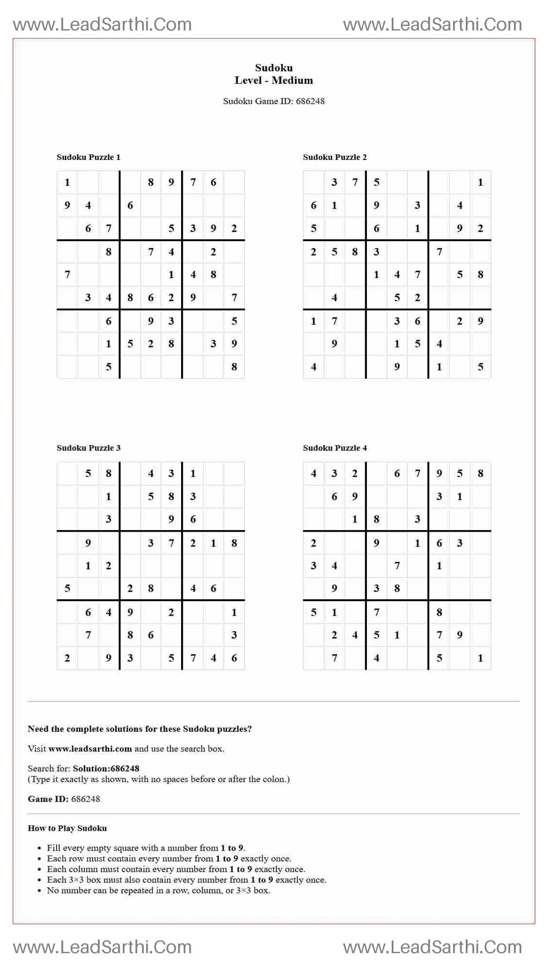 Sudoku Puzzles 4 per Page Medium Level pdf [Game ID: 686248] Thumbnail